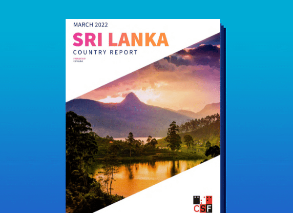 Sri Lanka Country Report Cover with a landscape image of water and a mountain in the background