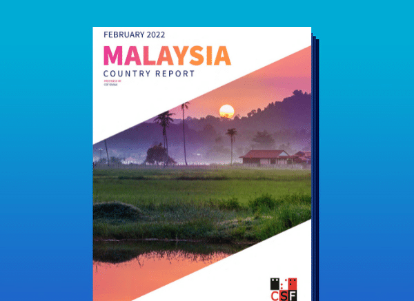 Malaysia Country Report Cover with a landscape of grass and trees with a sunset in the background