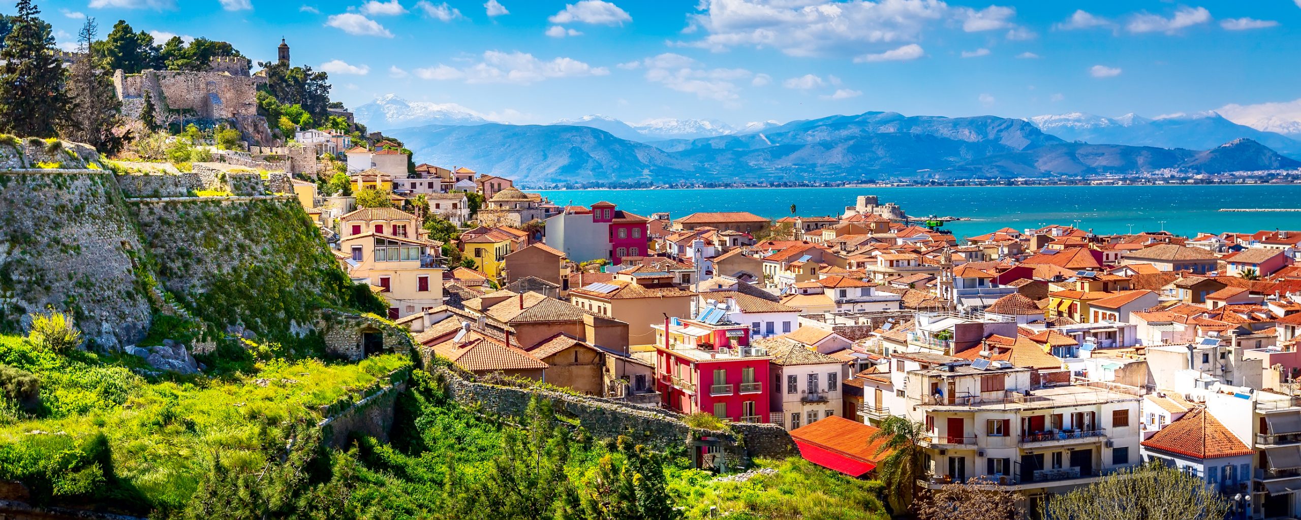 Aerial view of town houses and mountains in Nafplio, Greece