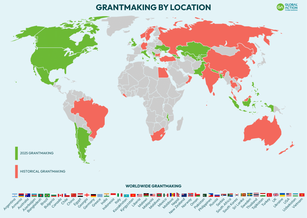 A static map of the world with countries where Global Action's grantees have been active in 2025 or previously. Global Action's grantees have worked in Argentina, Armedia, Australia, Azerbaijan, Bangladesh, Brazil, Bulgaria, Canada, Chile, China, Egypt, Georgia, Germany, Greece, India, Indonesia, Italy, Kazakhstan, Kyrgyzstan, Liberia, Malawi, Malaysia, Maldives, Mexico, Moldova, Nepal, New Zealand, Norway, Oman, Pakistan, Philippines, Russia, Serbia, South Africa, South Korea, Sri Lanka, Sweden, Thailand, Tajikistan, Turkey, UK, Ukraine, USA, Uzbekistan, Vietnam. Countries where GA has not yet been active are grey.
