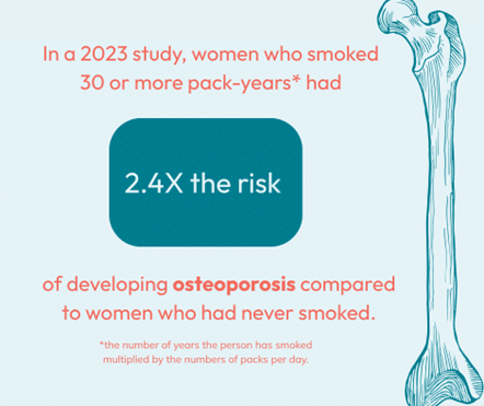 A light blue graphic with an image of an illustrated femur bone on the left. The text reads "In a 2023 study, women who smoked 30 or more pack-years* had 2.4x the risk of developing osteoporosis compared to women who had never smoked. *The number of years the person smoke multiplied by packs per day.