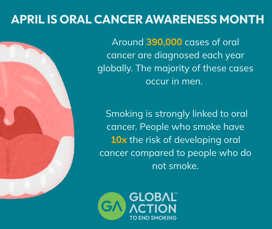 A turquoise box with the text: Around 390,000 cases of oral cancer are diagnosed each year globally. The majority of these cases occur in men. Smoking is strongly linked to oral cancer. People who smoke have 10x the risk of developing oral cancer compared to people who do not smoke. An illustrated image of a mouth appears to the left of the text.