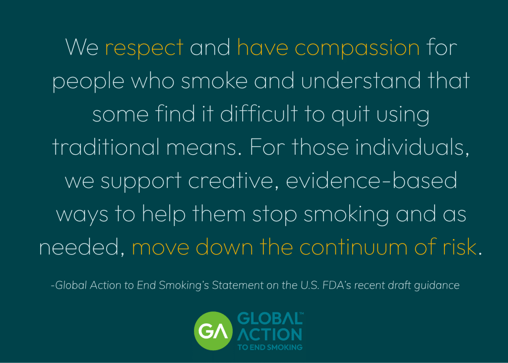 A navy blue box with the following text; We respect and have compassion for people who smoke and understand that some find it difficult to quit using traditional means. For those individuals, we support creative, evidence-based ways to help them stop smoking and as needed, move down the continuum of risk.